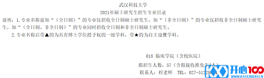 武汉科技大学临床学院关于预发布2021年硕士研究生招生专业目录的通知