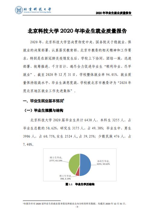 北京科技大学2020年毕业生就业质量年度报告